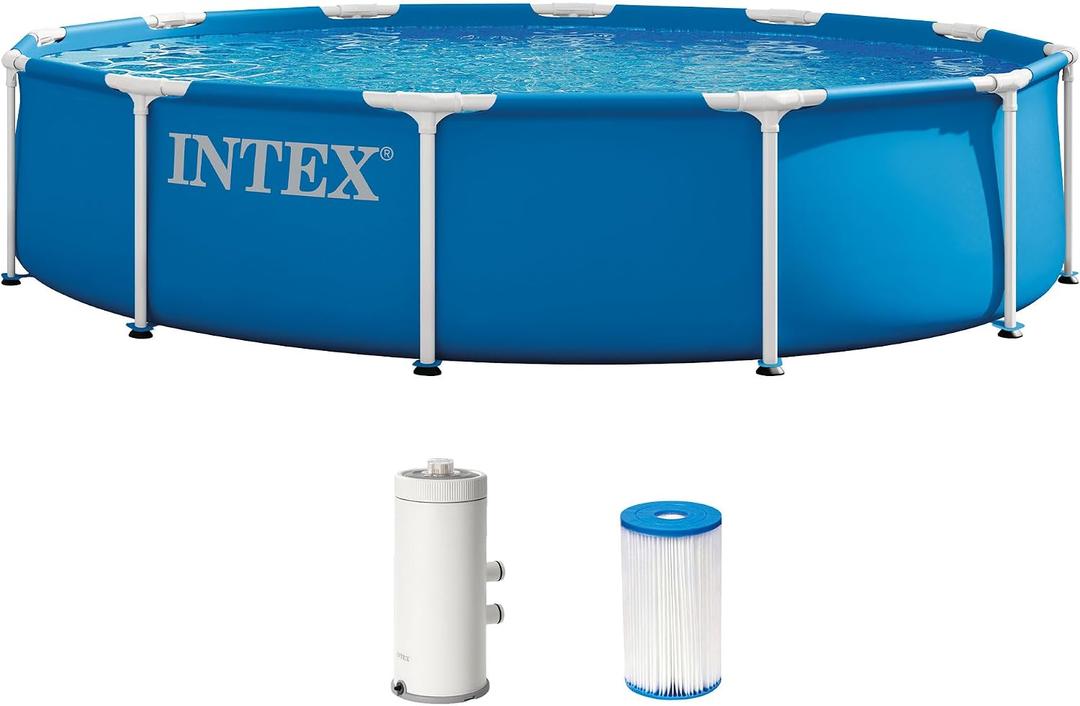 INTEX Metal Frame 12 ft x 30 in Above Ground Pool Set, Round Swimming Pool with Steel Frame, 530 GPH Cartridge Filter Pump, and Type A Filter Cartridge