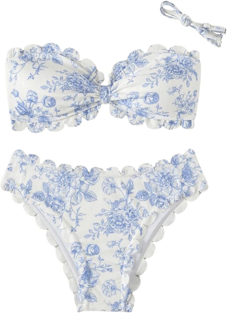 SHENHE Women's 2 Piece Bandeau Bikini Sets Floral Print Scalloped Boho Strapless Swimsuits (Blue and White) S