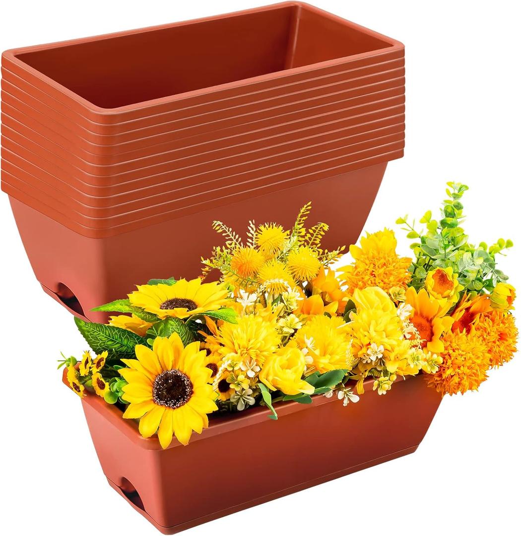12 Pieces Rectangle Window Box Planter 17 Inch Window Plant Box Herb Planter Plastic Herb Pots for Indoor Plants Large Window Flower Boxes Outdoor with Tray for Garden, Balcony Home Decor (Brick Red)