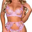 WDIRARA Women's Red Lace Underwire 3 Piece Embroidered Sexy Lingerie Set with Garter Belt (M, Purple)