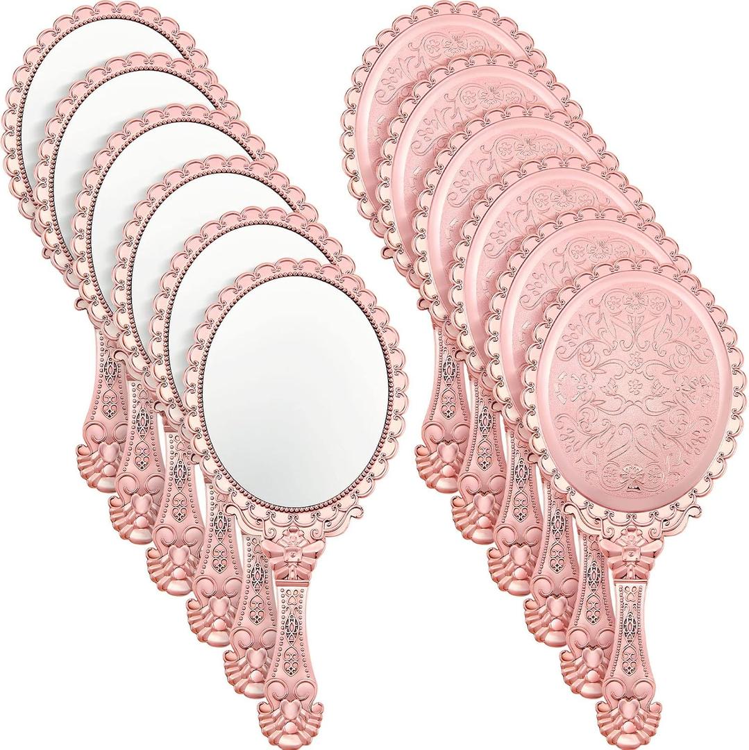 Qunclay 12 Pcs Vintage Handheld Mirror with Handle, 9.8" L x 4.5" W Rose Gold Embossed Portable Small Mirrors Bulk for Princess Party Favors, Birthday Gifts, Classroom Rewards & Daily Travel Use