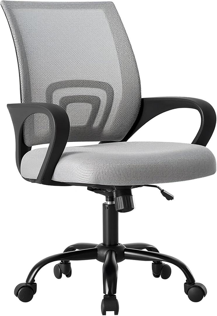 OLIXIS Office Desk Chair - Ergonomic Mid Back with Lumbar Support & Rocking Mode, Height Adjustable with Fixed Armrest, Storage Back for Computer, Gaming, Conference, Meeting Room, 360° Swivel, Grey