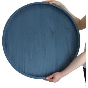 Gurfuy Round Ottoman Table Tray Round-24 - Rustic Wooden Serving Tray for Farmhouse Decorative Oversized Coffee Table Trays Living Room Kitchen Counter Breakfast Blue