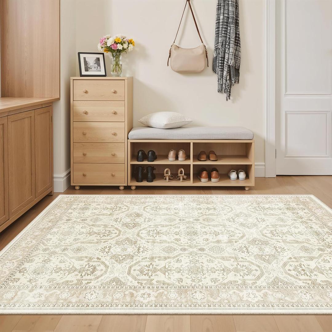 Soalmost 3x5 Rug, Small Area Rug for Kitchen, Entryway, Machine Washable Non-Slip Throw Rug, Vintage Carpet for Nursery Coffee Table Beige/Brown
