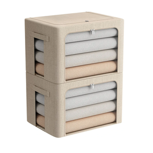 FHSQX 2 Pack Clear Window Storage Bins - Large Stackable Linen Fabric Storage for Clothes Foldable Container Organizer Set with Carrying Handles (Beige, 19.7x 15.7x 12.6 Inch)