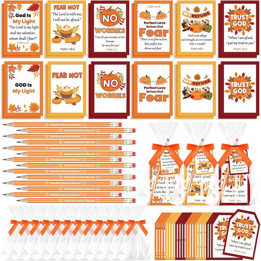 24 Sets Fall Notepads and Pencil Set Thanksgiving Autumn Stationery Gift Bulk Include Christian Bible Notebook Fall Pencils Inspirational Gift Tag Bowtie Treat Bag for Office School Supplies