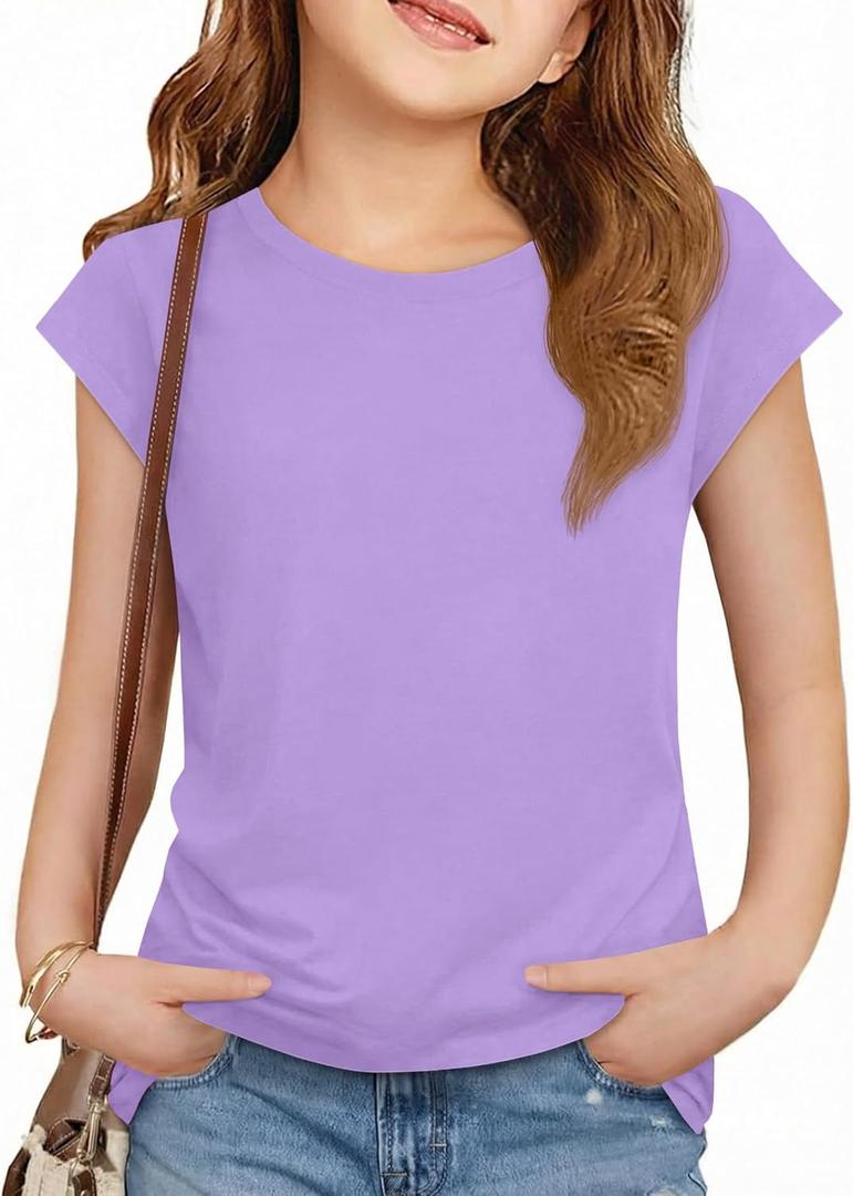 ZDC Girls Short Cap Sleeve T Shirts Kids Crewneck Summer Tops Basic Tees 5-14 Years (White)