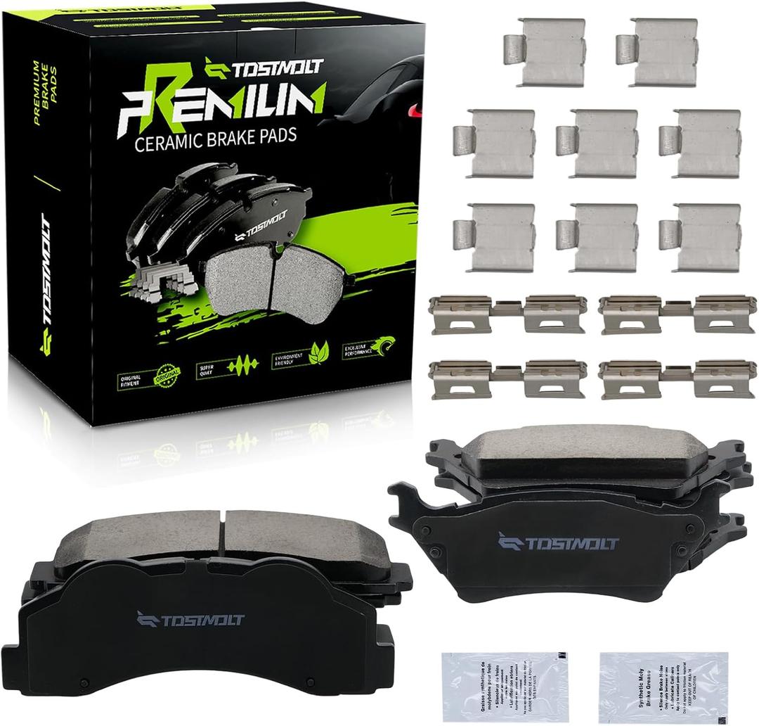 New 8pcs Complete Front+Rear Super Quiet Shimmed Slotted Ceramic Disc Brake Pads Set w/Installation Hardware Compatible With 12-14 Ford F-150 15-20 F150 w/Manual (Mechanical) Parking Brake