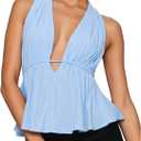GORGLITTER Women's Tie Backless Babydoll Halter Top Sleeveles sDeep V Neck Peplum Tops (Blue, XL)