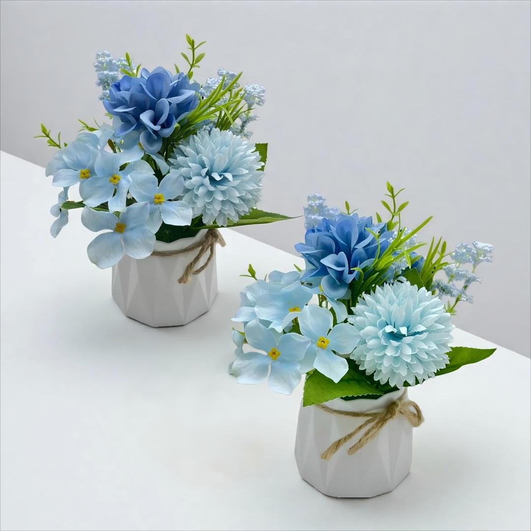 Carfoeny 2 Pcs Blue Hydrangea Artificial Flowers Bathroom Decor Fake Flowers in Small Flower Vases for Centerpieces Floral Arrangements Home Indoor Kitchen Tables Living Room Tv Stand Nightstand Decor