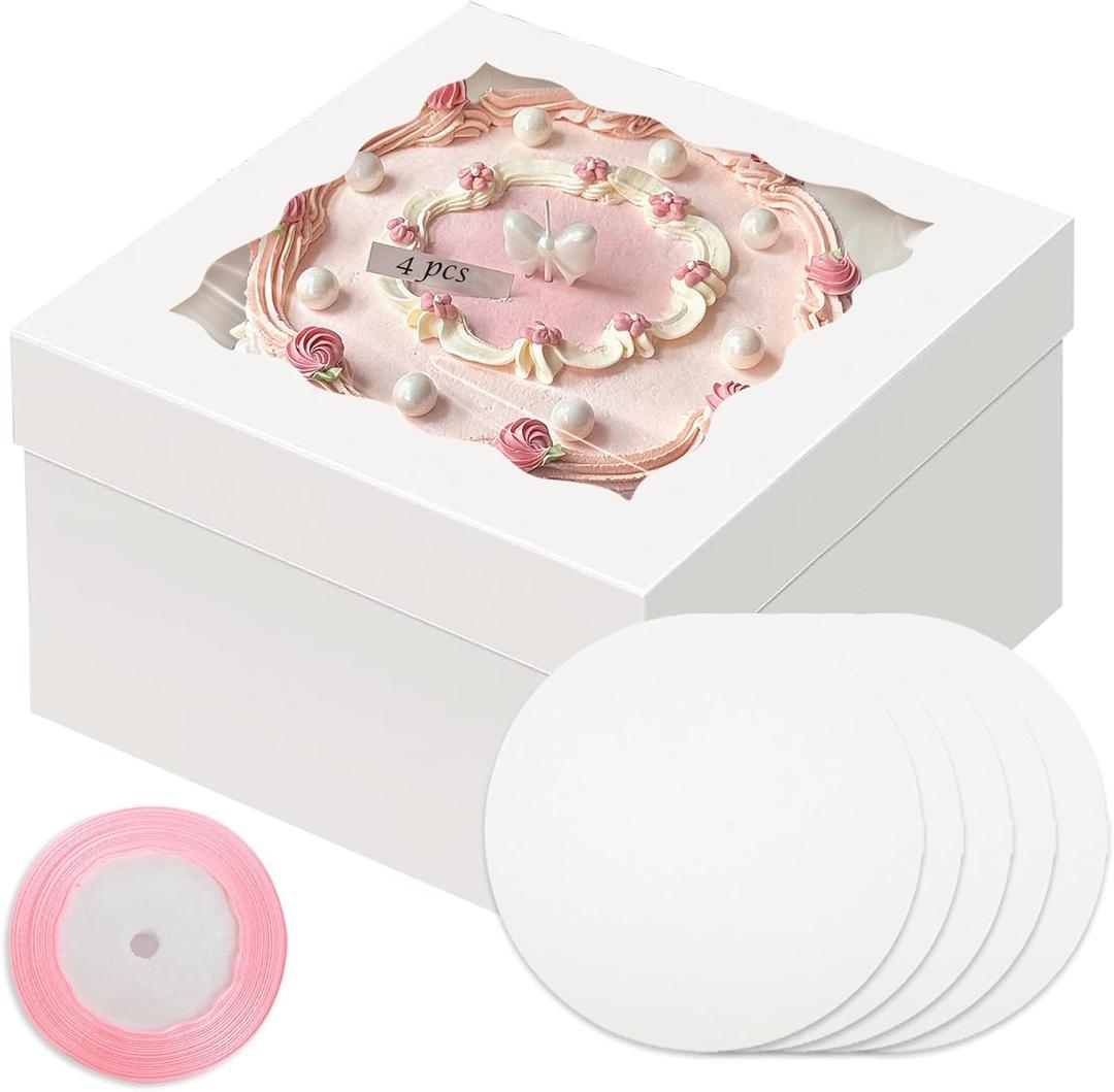 qiqee White 10x10x8 Cake Box, 4 Sets Cake Box with Window 4 Sets 10" Cake Round Boards, 10inch Cake Containers, 10 Meters Pink Silk Ribbon Includes