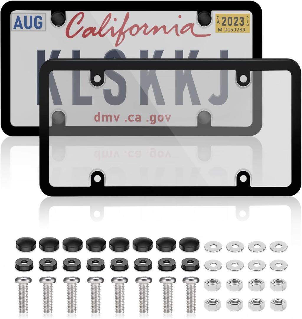 2 Pack Clear License Plate Cover and Frame Combo, License Plate Protector Unbreakable License Plate Shields Tag Holder Fits Standard US Plates with Screws Caps (Gray)