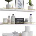 WOPITUES Floating Shelves 24 inch with Gold Metal Guardrail, Shelves for Wall Decor Set of 3, Wall Shelves for Bedroom, Bathroom, Kitchen, Living Room, Plants, Picture Frames, Art- White and Gold