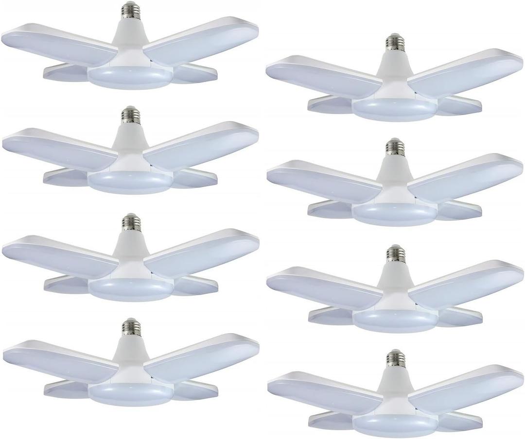 (8 Packs) LED Garage Lights, 60W Trilights Ceiling, High Low Bay Deformable Adjustable 4 Led Light Bulbs 6000LM 6000K, Screw in Tribright Garage Lighting Fixture,CRI80 Daylight