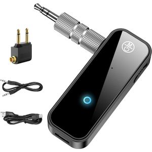 AUX Bluetooth 5.0 Adapter for Car, 2 in 1 Wireless Transmitter and Receiver for Flight Headphones Home Audio Speaker, Portable Audio Bluetooth Receiver (with Aircraft, AUX and Cable)