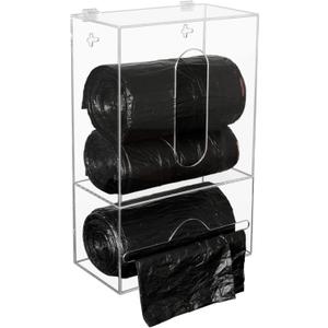 Trash Bag Dispenser Roll Holder for Plastic Bag, 2 in 1 Acrylic Garbage Bag Dispenser Organizer Holder for Cabinet, Wall Mount Kitchen Trash Can Liner Holder for Grocery Bag, Clear