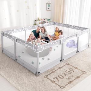 Large Baby Playpen for Babies and Toddlers - 70x59in Giant Play Pen for Babies 6-12 Months Big Play Yard for Toddlers 1-3 Play Pens for Toddler Indoors Playyard Fence Pin Corrales para Bebes Grey-s