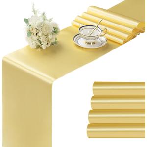 Manyshofu 4Pcs Satin Yellow Gold Table Runner - 12 x 108 Inch Long Size, Party Table Runner Decor Bright & Smooth Wedding Decorations Table Runners for Banquet Chef Birthday Buffet Dinner Graduations