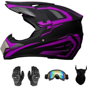 Motocross Offroad Helmet Dirt Bike Helmet BMX MX ATV Helmet Full Face Motorcycle Helmet with Gloves Goggles Mask for Unisex Adult Youth DOT/FMVSS 218 Approved (Medium, Purple)