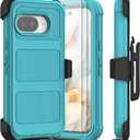 for Google Pixel 9a 2025 Case with 2 Pack Tempered Glass Screen Protector, [Holster Series] Belt Clip Kickstand Heavy Duty Shockproof Protective Cell Phone Case Cover (Blue Green)