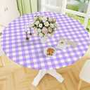 Smiry Round Picnic Tablecloth, Elastic Waterproof Fitted Vinyl Tablecloths for 57"-68" Tables, Flannel Backed Buffalo Plaid Table Cover for Dining, Camping, Outdoor, White and Purple