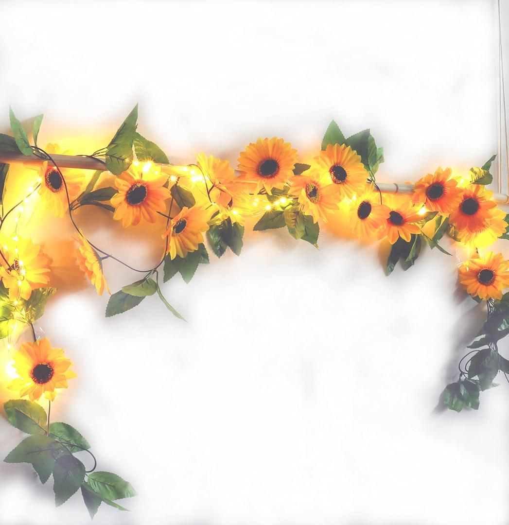 2 Pack 8.8FT Artificial Sunflower Garland with 100 LED Fairy String Lights,Fake Vines Faux Sunflowers Hanging Garland Silk Flowers Hanging Plant for Indoor,Outdoor,Wedding,Wall,Birthday Party