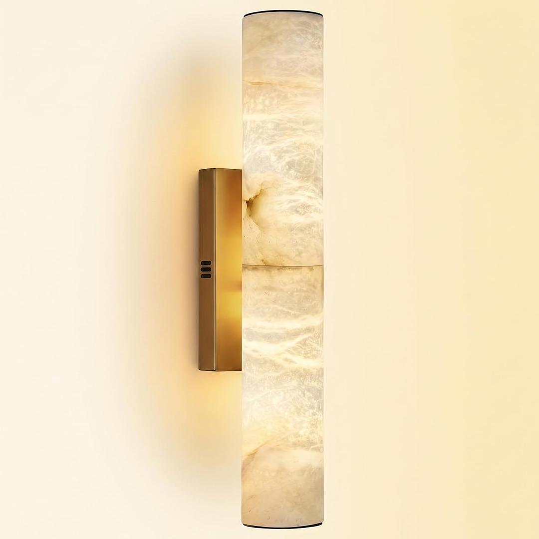 20" Alabaster Wall Sconce Hardwired, Spanish Natural Marble Sconces, Brass Bathroom Vanity Light, Dimmable Stone Wall Sconces Warm White, Linear Gold Alabaster Wall Light for Living Room Hallway, 1PC