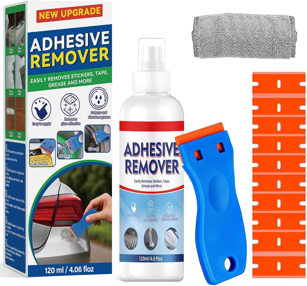 Adhesive Remover Spray, Sticker Remover Cleaning Multi-Surface Residue, Glue Remover for Tap, Decals, Glue, Chewing Gum, from Car, Windows, Glass, Plastic, Label Remover with Scraper and Towel