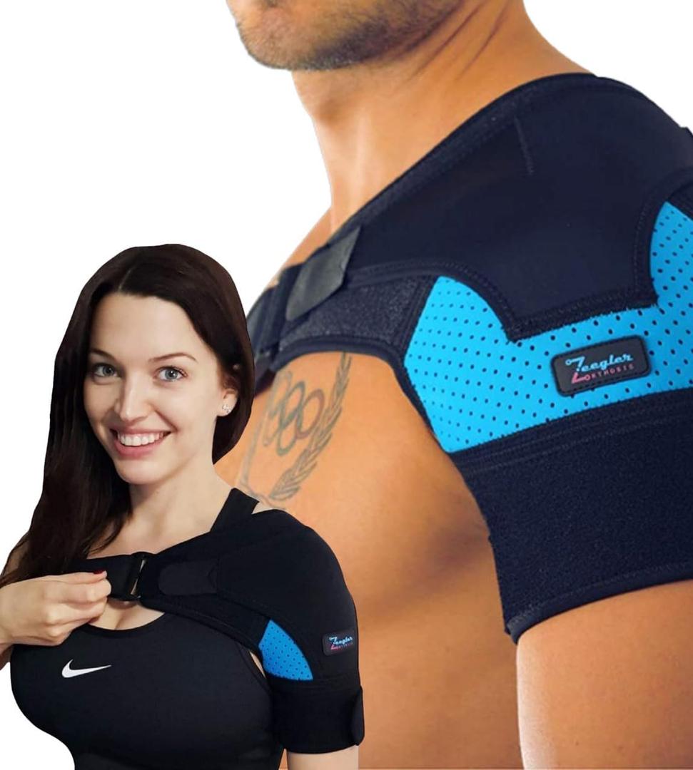Shoulder Brace for Women and Men - Support for Torn Rotator Cuff, AC Joint Pain Relief and Dislocated Shoulder. Compression Sleeve, Arm Immobilizer Wrap, Stability Strap + Free Extension, Left-Right (Medium-Large 1 Pack, Blue)