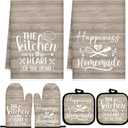 Sratte 6 Pcs Kitchen Decor Accessories Set Farmhouse Towels Pot Holders Oven Mitts Set 2 Dish Towels 2 Potholders 2 Cooking Mittens Oven Glove for Christmas Baking Cooking(Brown Wood Grain)