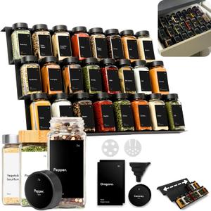 KIVY Spice Drawer Organizer with 24 Spice Jars & 240 Labels - Seasoning Rack for Organization - Kitchen Drawer Insert for Spice Jars - Glass Seasoning Jars with Airtight Lids - Glass Spice Jars Empty (Black)