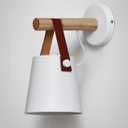 Modern Nordic Wall Sconce, Black Metal & Solid Wood Lamp with Leather Strap, E26/E27 Indoor Lighting Fixture for Bedroom Bedside Living Room Hallway, No Flicker, 86" Height T-155(White)