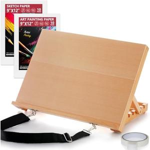 Tabletop Easel for Painting, 16.5"x12" Adjustable Portable Beechwood Drawing Board with Detachable Strap, Art Easel Includes Art Painting Papers, Sketch Papers and Masking Tape, Ideal for Diamond Art