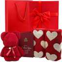 Mother Wife Girlfriend Grandmother Birthday Day Gifts Red Heart Hand Towels and Bear, Gift Card and Box Set, Heart Love Hand Towels for Bath Bathroom Kitchen Dish(2 Towel+1 Bear)