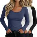 Neer 3 Pack Women's Scoop Neck Long Sleeve T-Shirts Slim Fitted Underscrubs Tops Stretchy Tight Casual Basic Layer Shirts (Haze Blue, Black, White, S)