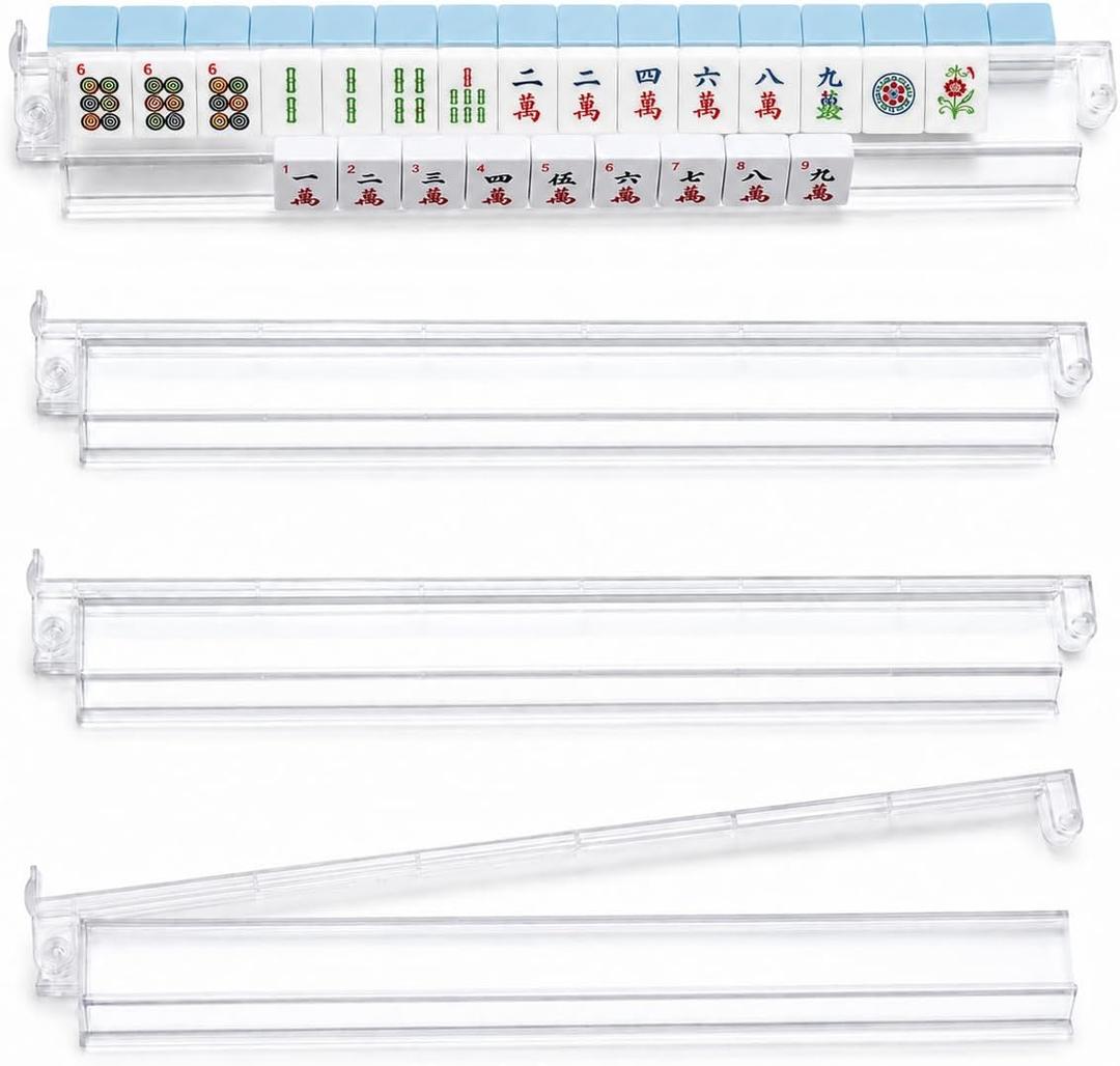 DeerIsle Mahjong Racks Set with Pushers and Carrying Bag, Portable Bamboo Tile Holder Stand for Mahjong Game, 4-Player Complete Accessory Kit