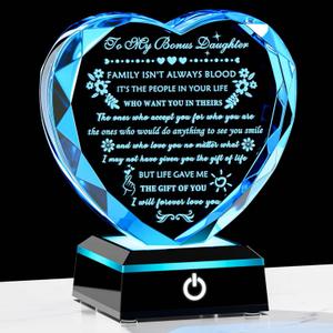 YWHL Bonus Daughter Gifts from Mom Dad Birthday Gifts for Bonus Daughter with Colorful Base Heart Shaped Crystal Keepsake To My Bonus Daughter Stepdaughter Gifts on Christmas Graduation Valentine's