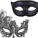 Couple Masquerade Mask for Women Men Venetian Mask Metal Shiny Halloween Mask for Costume Party (Black Phoenix Set)