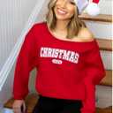 UNIQUEONE Christmas Sweatshirts for Women off Shoulder: Merry Crewneck Sweater Xmas Long Sleeve Pullover Top (Medium, Red)
