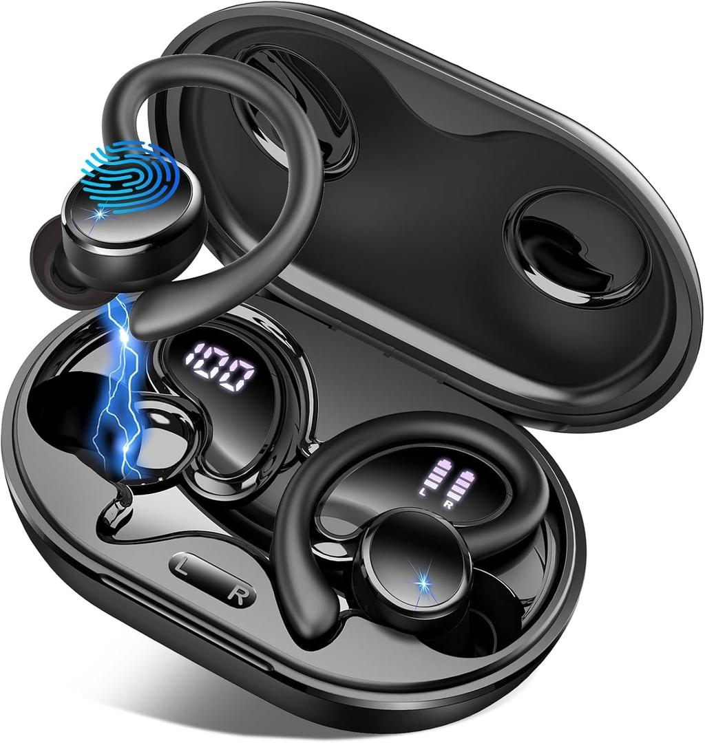 Wireless Earbuds, Bluetooth 5.4 Headphones Sport, 50H Deep Bass Sound Over Ear Buds with 4 ENC Noise Cancelling Mic, Dual LED Display, IP7 Waterproof Earphones with Earhook for Workout/Running/Gym