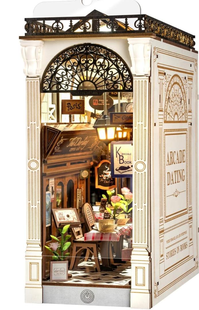 ROBOTIME DIY Book Nook Kits Dollhouse Room Bookstore Miniature House with LED Light 3D Wooden Puzzles for Adults Booknook Bookshelf Insert Decor Diorama Kit Unique Gifts（Arcade Dating）