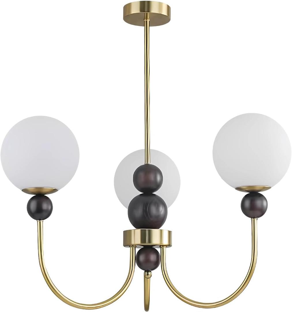 BOKT Mid Century Globe Glass Chandeliers Modern Gold Chandelier Farmhouse Adjustable Rod Ceiling Pendant Light Brushed Brass 3-Head Sputnik Ceiling Hanging Light for Bedroom Kitchen Foyer