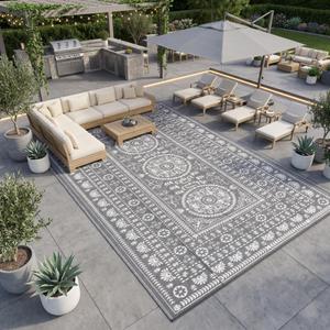 Garvee Reversible Outdoor Rug 9x18 for Patio, Waterproof Outdoor Area Rug, Modern Medallion Indoor Outdoor Rugs, Plastic Straw Rug for RV, Camping, Deck, Vintage Grey