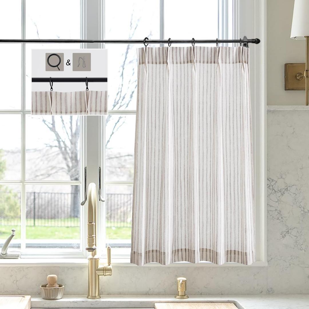 LIMON HOME Striped Taupe Linen Kitchen Curtains 30 inch Length Pinch Pleat Cafe Curtains 1 Panels (24"W x 30"L (Pack of 1))
