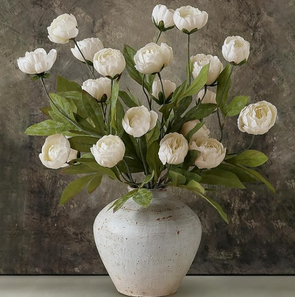VIERENA 6 Pcs Faux Silk Peony Artificial Flowers for Vase -27", Bulk Fake Peonies Branches with Stems for DIY Bouquet Centerpieces Wedding Fillers Arrangements Shower Decorations (Cream)