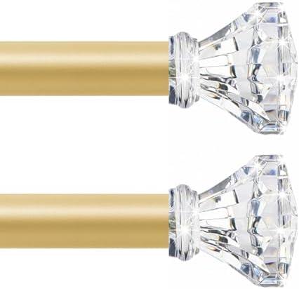 TVWOO Gold Decorative Crystal Curtain Rods  Pack:Heavy Duty Adjustable Window Curtains Rods for Living Room Bedroom,Brass Gold Modern Acrylic Drapery Rods Set with Clear Bling Diamond Finials,18-45"