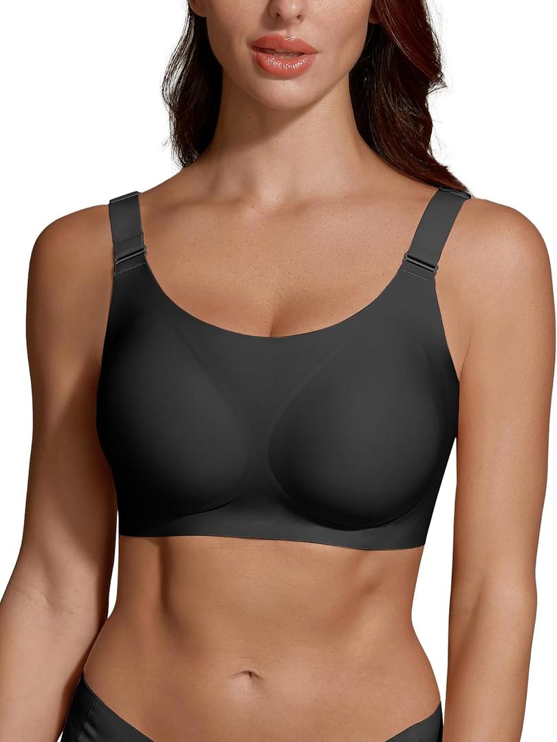Jelly Wireless Push Up Bra for Women, Seamless Deep V Mesh Bralette, Comfortable Supportive T Shirt Bra No Wire (Black, L)