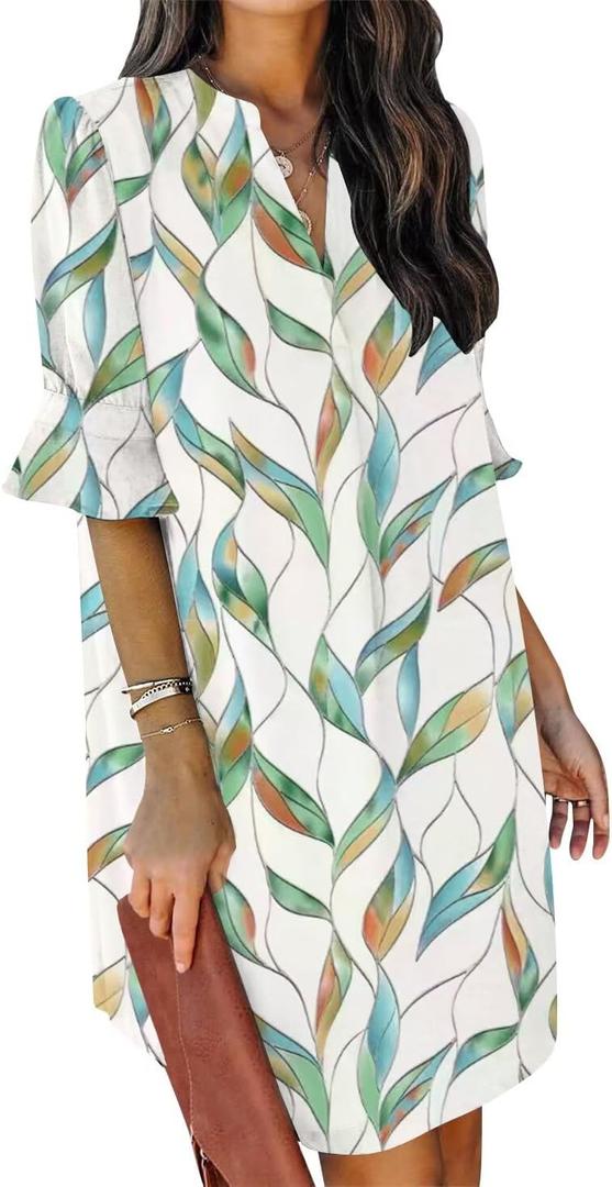 QACOHU Summer Dresses for Women V Neck Ruffle Short Sleeve Casual Shift Dress (XX-Large, C1-multi Leaf Flower)
