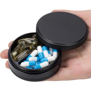 Pill Box 2 Compartment Pill Case - Portable Metal Travel Pill Container for Pocket or Purse, Waterproof Pill Organizer Holder for Medicine Vitamin Fish Oil and Supplements (Black)