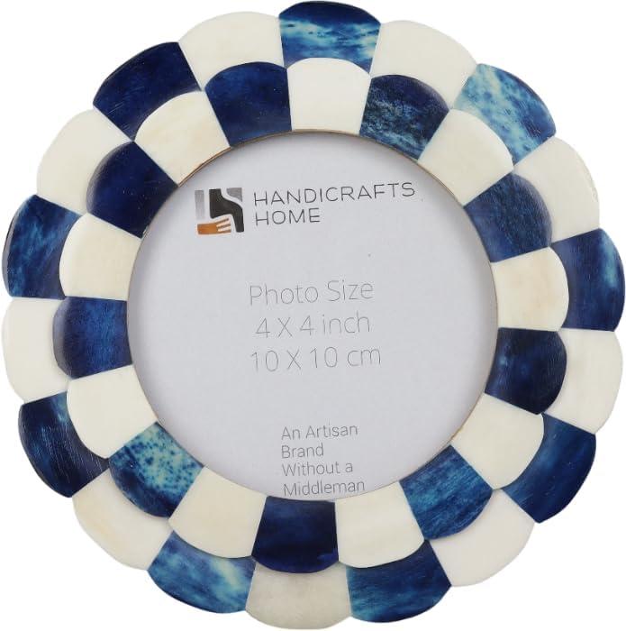 Handicrafts Home Scalloped Bone Inlay Picture Frame 4x4 Handmade Round Decorative Photo Frame, Blue & White Boho Desk & Shelf Decor, Vintage Style Small Frame for Nursery, Home Styling & Gift